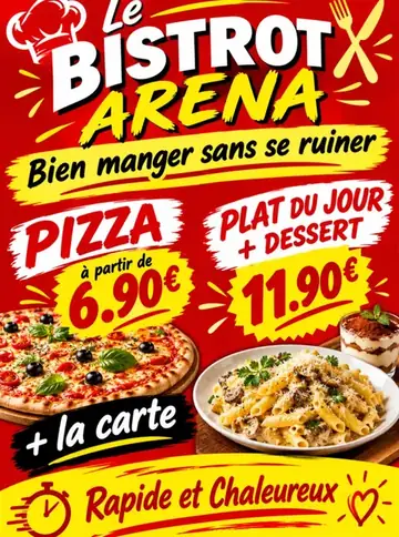 Notre affiche&nbsp;: pizza à partir de 6,90 €, plat du jour et dessert 11,90 €, plus la carte